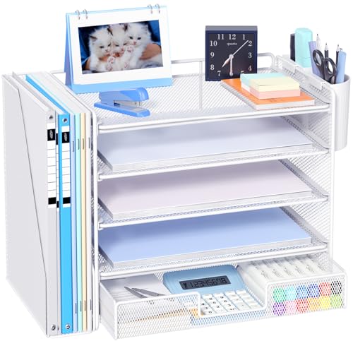 OPNICE Desk Organizer, 5-Tier Desktop File Organizer with Drawer and Pen Holders, Office Desk Accessories, File Sorters, Workspace Organizers for Office Supplies(White) - color: White, size: 5T