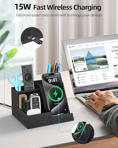Wireless Charger with Desk Organizer, 3 Compartments and 1 Phone Stand - color: PU Black