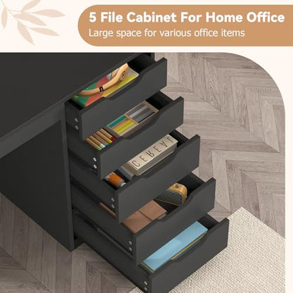 47 Inch Small Computer Desk with 5 Drawers and Outlets for Home Office - color: Black, size: 47inch-5drawers