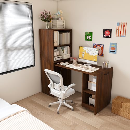Walnut Wooden Foldable Murphy Desks for Small Spaces(Walnut,) | Home Computer Desk with Storage Shelves, Hideaway Writing Desk, Space Saving Pull Out Study Table for Bedroom Apartment - color: Walnut,