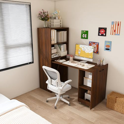 Walnut Wooden Foldable Murphy Desks for Small Spaces(Walnut,) | Home Computer Desk with Storage Shelves, Hideaway Writing Desk, Space Saving Pull Out Study Table for Bedroom Apartment - color: Walnut,