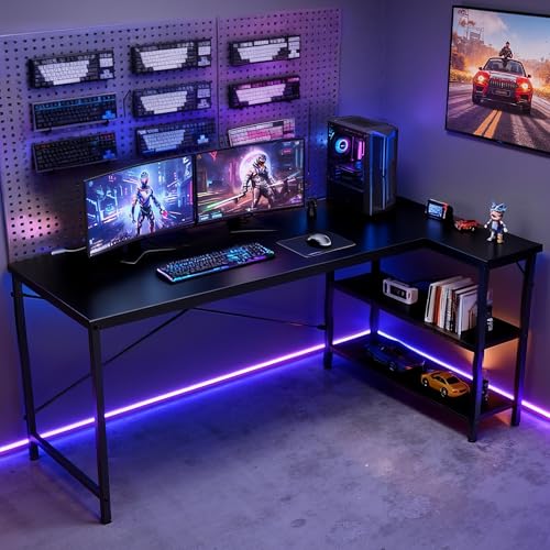 DUMOS 39 Inch L Shaped Desk, Computer Gaming Corner Desks with Shelves | Home Office PC Table, Writing Working Study Desk for Bedroom Dorm, Reversible Design, Black - color: Black, size: 39" × 31.5"
