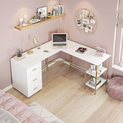 Techni Mobili 59" Two-Tone L‑Shaped Office Desk with Storage Shelves, Gold - color: Gold