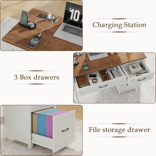Farmhouse 47" Executive Desk, Computer Desk with File Drawer, Off White - color: Off White, size: Right Mounted