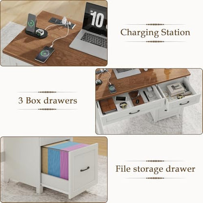 Farmhouse 47" Computer Desk, Executive Desk with File Drawer, Off White - color: Off White