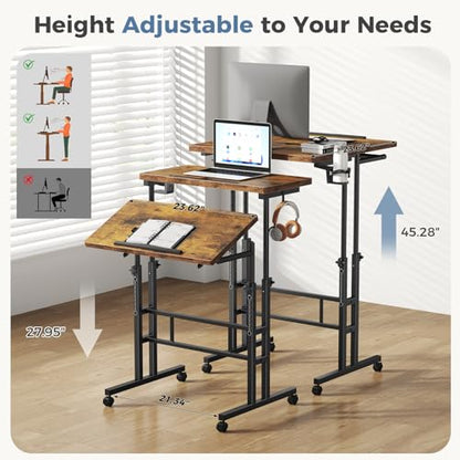 Simple Deluxe Split Top Rotating Standing Desk on Wheels – 23.6" Manual Adjustable Height Mobile Laptop Computer Table – Sit Stand Rolling Workstation with Tilt Function – Brown - color: Brown