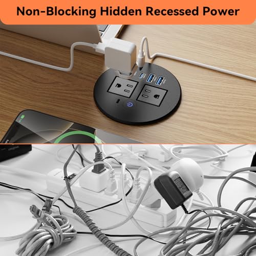 3-1/8" Desktop Power Grommet with Overload Protection Switch, 2 PD 20W USB-C Fast Charging, 2 QC3.0 18W USB-A, Recessed Outlet, Flush-Mount Power Grommet for Home Office