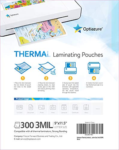 Optiazure Thermal Laminating Pouches 9"x11.5" Inches, 3mil 300Pack, Clear, Letter Size - size: 3mil 300PK