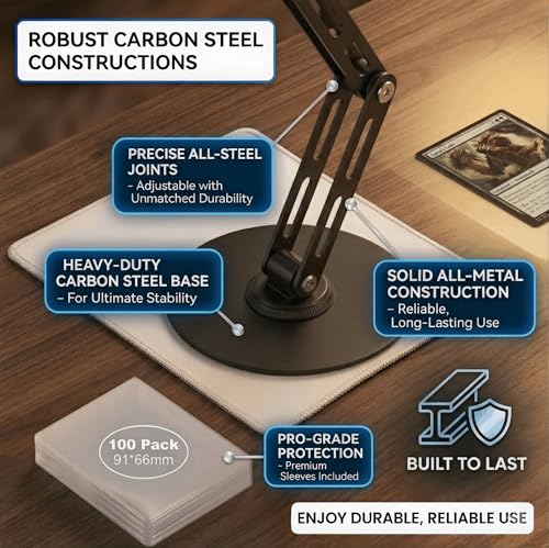 Card Scanner TCG, Foldable Trading Card Scanner Setup & Trading Card Stand - Carbon Steel Phone Mount for Quick Price Check, Includes Pad & 100PC Sleeves, Compatible with MTG
