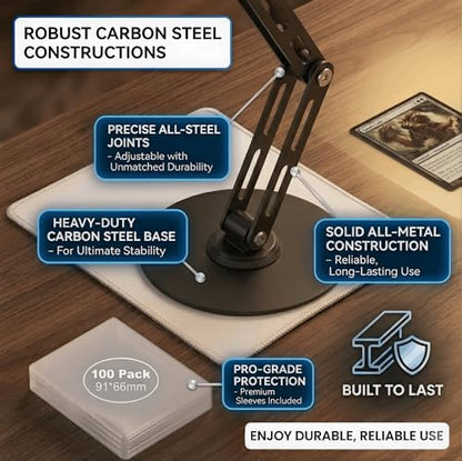 Card Scanner TCG, Foldable Trading Card Scanner Setup & Trading Card Stand - Carbon Steel Phone Mount for Quick Price Check, Includes Pad & 100PC Sleeves, Compatible with MTG