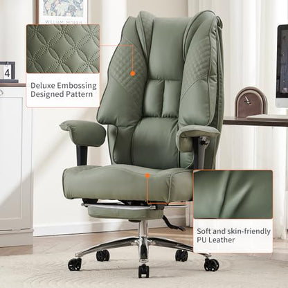 EXCEBET Big and Tall Office Chair 400lbs Wide Seat, Leather High Back Executive Office Chair with Foot Rest, Ergonomic Chairs Lumbar Support for Lower Back Pain Relief (Light Green) - color: Light Green