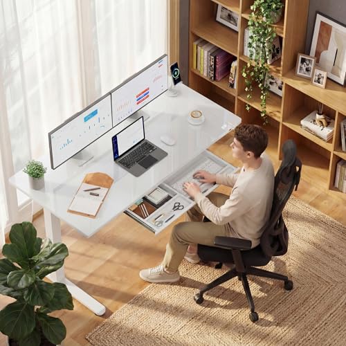 Furmax Glass Standing Desk with Drawers, Electric Adjustable Home Office Sit Stand Desk with One-Piece Desktop & USB Charging Port for Computer Desks - color: White Glass