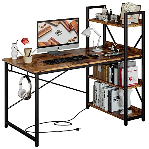 IRONCK Computer Desk 47" with Power Outlet and Storage Shelves,Rustic Brown | Study Writing Table with USB Ports Charging Station, PC Desk Workstation for Home Office - color: Rustic Brown, size: 47 inches