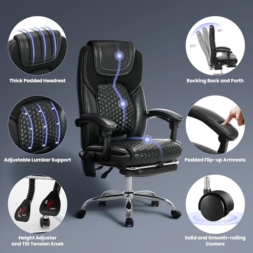 MALOL Massage Office Chair with 3-Level Heat and Footrest – 20-Min Easy Assembly, 300 lbs Big and Tall Reclining Desk Chair, PU Leather Ergonomic Executive Computer Chair with Side Pocket, Black - color: Black, size: Set of 1, style: Modern