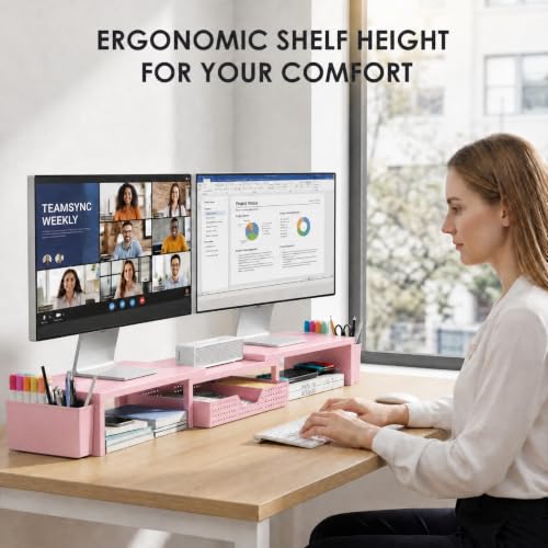 OPNICE Desk Organizers and Accessories, Dual Monitor Stand Riser with Drawer and 2 Pen Holders, Desk Shelf Computer Racks & Printer Stand for Office Workspace Organizers, Desktop Organization (Light Pink) - color: Light Pink