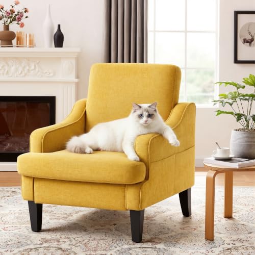 Set of 2 Accent Chair for Living Room,Mid-Century Arm Chair Chenille Fabric Living Room Chairs,Upholstered Reading Chair for Bedroom,Single Sofa Chair with Wood Legs for Apartment (Yellow) - color: Yellow
