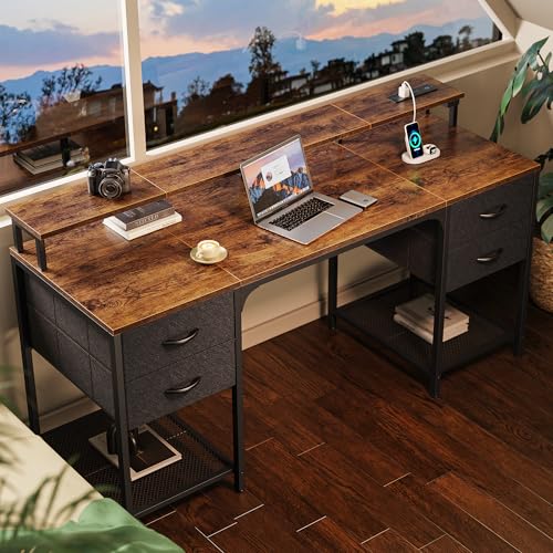 Huuger 63 inch Computer Desk with Power Outlets & 4 Drawers - color: Rustic Brown, size: 63 Inch