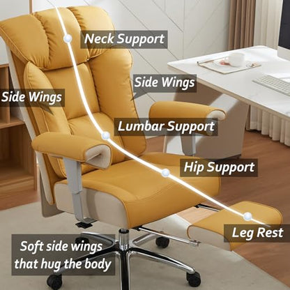 Efomao Big and Tall Green Office Chair 450LBS – Ergonomic High-Back Executive Chair with Footrest, Adjustable Padded Armrests, PU Leather Computer Chair with Lumbar Support for Home or Office, Yellow - color: 3060-yellow