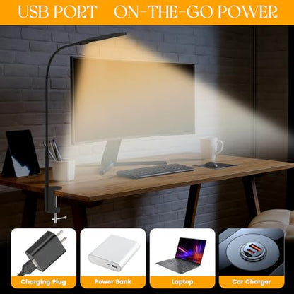 LED Desk Lamp with Clamp, 3 Color Modes 10 Brightness Levels, Long Flexible Gooseneck, Ultra Wide Brightness Range, led Clip Desk lamp, USB Eye-Caring Clip on Lights for Home Office, Black - style: Clip Lamp