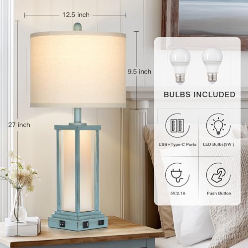 Cinkeda 27" Tall Vintage Table Lamp Set of 2 with USB C+A & Outlet,Nightstand Lamp for Living Room,Coastal Bedside Lamps with Frosted Glass Night Light for Bedroom Entryway,Blue - color: Blue