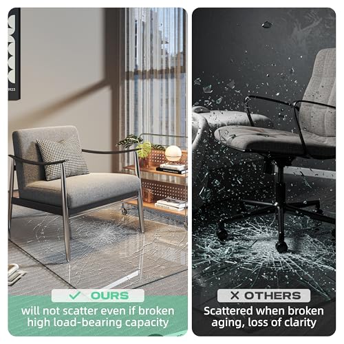 Tempered Glass 48" x 36" Round Corner Glass Chair Mat with Polished Edge, Heavy Duty Hard Office Chair Mat for Office Home Hard Floor Carpeted, Transparent, Glides Smoothly, Easy Clean - size: 48" x 36"