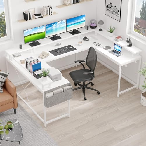 Reversible u Shaped to l Shaped Computer Desk with RGB Lighting & Charging Station, 79 Inch Home Office Workstation with Full Monitor Stand, Heavy Duty Gaming Desk Supporting 600LBS, Multiple Color Op - color: White
