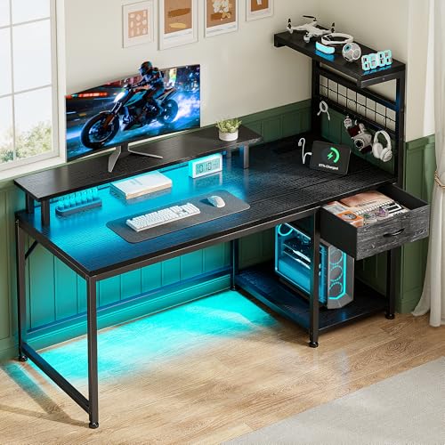 EnHomee 40" Gaming Desk with Drawer, Storage Shelves & LED for Gaming Room - color: Black, size: 40" W