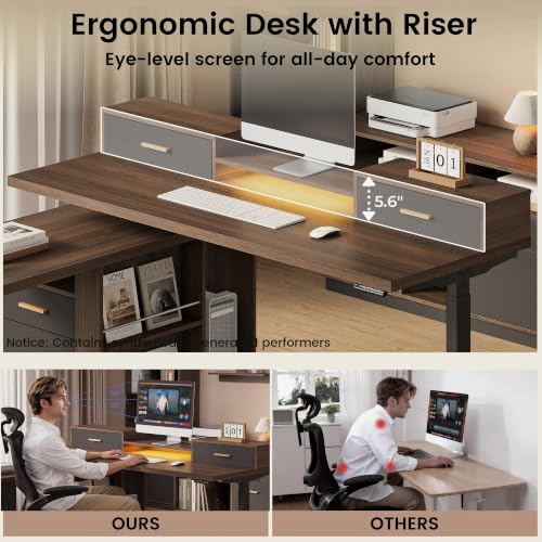 61'' L Shaped Electric Standing Desk, 360° Rotating, 4 Drawers | Height Adjustable Desk with LED Light, Monitor Riser & File Cabinet, Sit Stand Home Office Desk, Power Outlet, Black Walnut