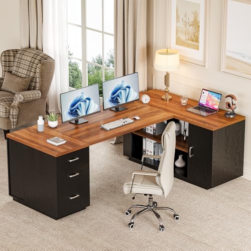 LITTLE TREE 87-Inch Modern Executive Desk with File Cabinet, Large Home Office Desk with Drawers, 3-Drawer Wooden File Cabinet, Spacious Workstation for Home Office (Brown & Black) - color: Brown and Black