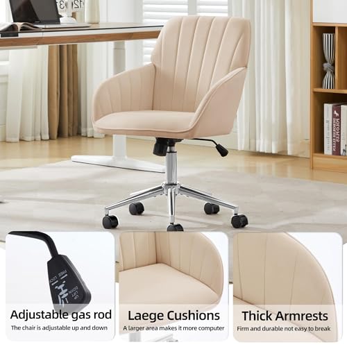 YITAI Velvet Office Desk Armchairs with Silver Base and Wheels,Modern Height Adjustable 360 Degree Swivel Upholstered Vanity Chairs for Living/Room Bedroom/Study,Khaki - color: Silver Khaki