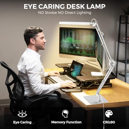 SKYLEO LED Desk Lamp with Slim Base - Adjustable Swing Arm Desk Light, Dimmable, Timer, Eye Protection, Memory Function, 1300LM, 12W, White - style: White swing arm with Base