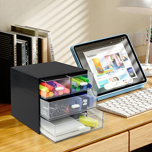 Desk Organizer with Drawer, Desk Storage Box, Plastic Office Stationery Supplies Organizers, Desktop Organizer for Office School Home (4 drawer, Black) - style: 4 drawer
