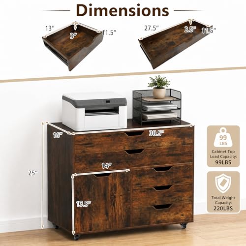 POWERSTONE Rolling File Cabinet 5-Drawer & One Side Door Storage Unit, Wood Printer Stand Drawer Cabinet with 5 Metal Wheels(2 Self-Locking) for Home Office, Coffee - color: Coffee