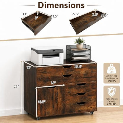 POWERSTONE Rolling File Cabinet 5-Drawer & One Side Door Storage Unit, Wood Printer Stand Drawer Cabinet with 5 Metal Wheels(2 Self-Locking) for Home Office, Coffee - color: Coffee