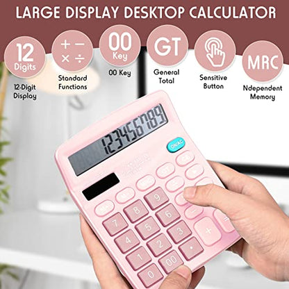 8 Pack Calculator Bulk, 12 Digits Calculators Desktop Solar and Battery Dual Power Large LCD Display and Sensitive Button Handheld for Office, School (Pink) - color: Pink