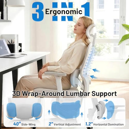 Ergonomic Office Desk Chair, High Back Breathable Mesh Computer Chair, 3D Lumbar Support, 2D Headrest & 3D Armrests, 300lbs Heavy Duty Task Chair for Home Office Work Gaming, Gray - color: Grey