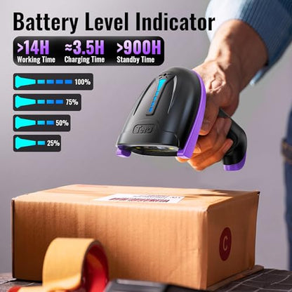 Tera Barcode Scanner with Battery Indicator: 1D Wireless, 5100 Purple | USB Wired 2.4G Wireless Reader, 2200mAh Battery, 1D Laser Scanning, IP54 Protection, Retail Checkout Warehouse Library School - color: 1D Purple