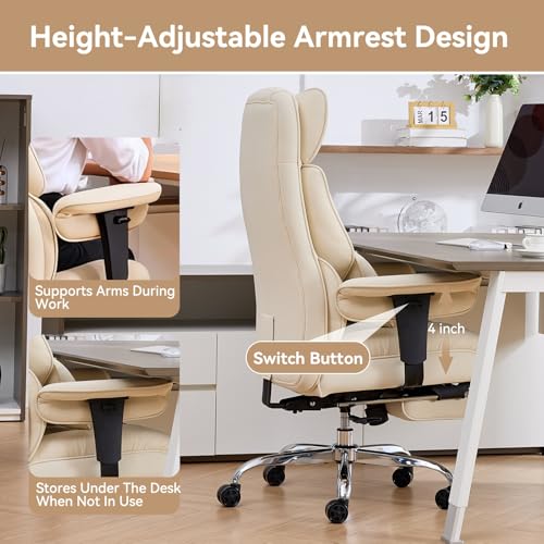 Efomao Executive Office Chair, Beige Fabric Big and Tall Desk Chair | Breathable fabric, pocket spring & foam seat, retractable footrest, 135° recline for computer gaming setup - color: 3084mus-beige