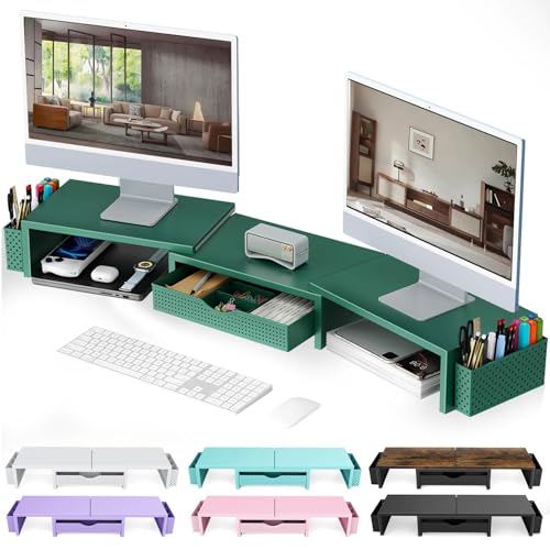 gianotter Dual Monitor Stand Riser With Drawer and 2 Pen Holders | Computer Monitor Stand Desk Organizer and Accessories Desk Shelf for Top of Desk (Green) - color: Green