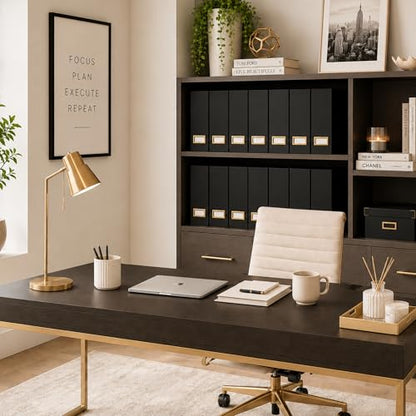 BLU MONACO | Cardboard Magazine File Holder Set of 6 Black | Vertical Magazine File Holder with Gold Label Slots | Standing File Holder and Cardboard Bins for Shelves Desk Storage - color: Black & Gold