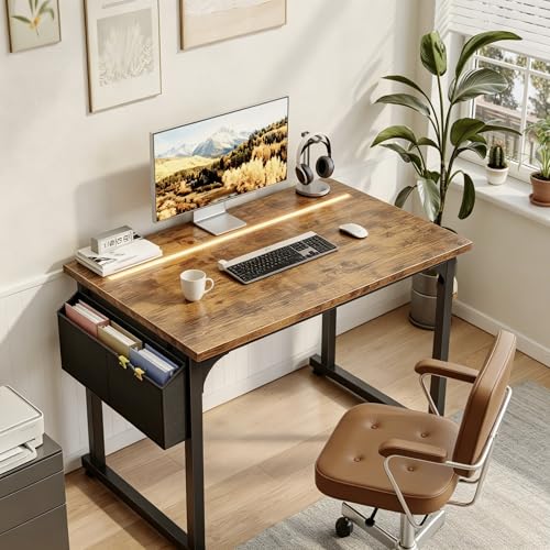DurayLoly 32" Gaming Desk with Waterproof LED Lights for Bedroom,Brown - color: Rustic Brown, size: 32 IN