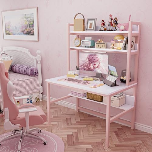 Aquzee Pink Desk with Shelves, Computer Desk with Hutch, 47 Inch - color: Pink, size: 47inch