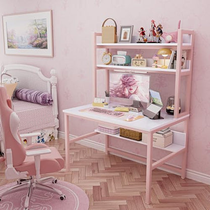 Aquzee Pink Desk with Shelves, Computer Desk with Hutch, 47 Inch - color: Pink, size: 47inch