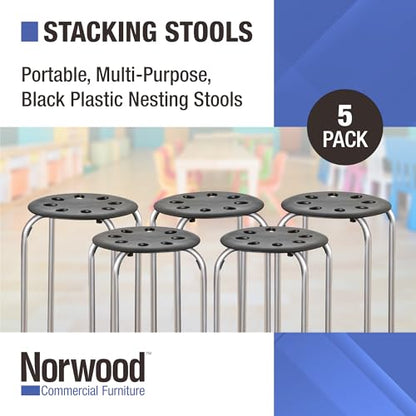 Norwood Commercial Furniture Stacking Stools for Kids and Adults, 17.75" Standard Height Portable Nesting Office and Classroom Stools, Black/Silver, Pack of 5 - color: Black/Silver