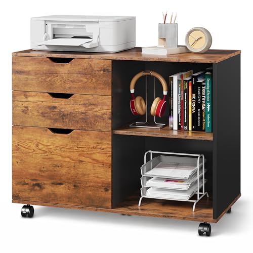 DEVAISE 3 Drawer Wood File Cabinet, Rolling Filing Cabinet with Open Storage Shelf, Printer Stand for Home Office Storage and Organization, Fits Letter/A4 Files (Rustic Brown, Recessed Pull) - color: Rustic Brown 1