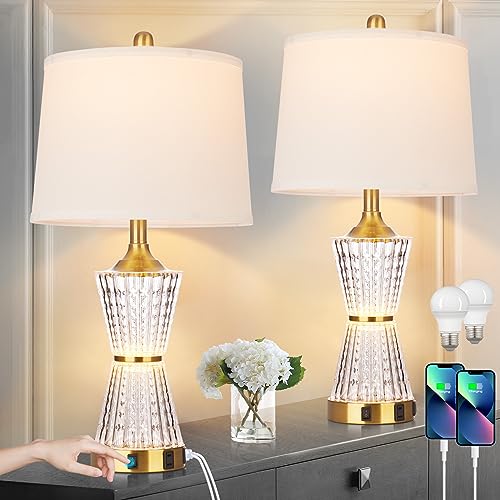 26" Modern Table Lamps, Gold Set of 2 Table Lamps Night Light with 2 USB Charging Ports & AC Outlet, Bedside Nightstand Lamp White Shade for Living Room Bedroom Home Decor(2 LED Bulbs Included) - color: Gold-1