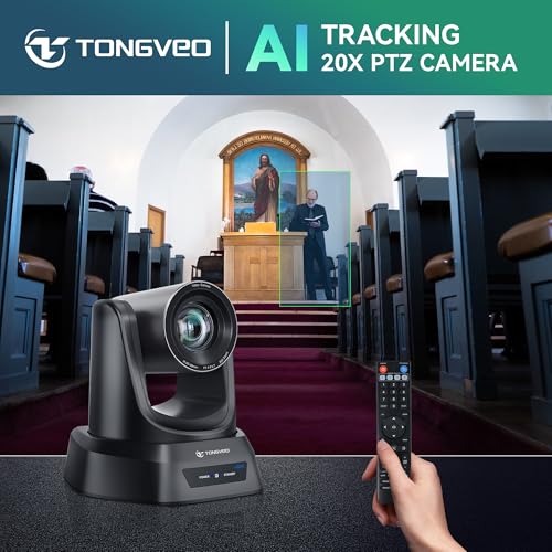 TONGVEO 4K AI PTZ Camera with Auto Tracking and 20X Optical Zoom, Conference Room Webcam with HDMI/USB3.0/LAN/PoE, Ideal for Church Worship, Zoom Meetings, Live Streaming and Education - color: Coal