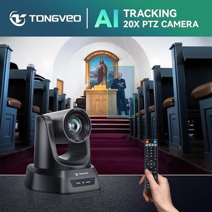 TONGVEO 4K AI PTZ Camera with Auto Tracking and 20X Optical Zoom, Conference Room Webcam with HDMI/USB3.0/LAN/PoE, Ideal for Church Worship, Zoom Meetings, Live Streaming and Education - color: Coal