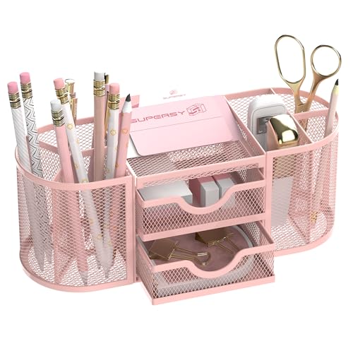 Mesh Desk Organizer, Desk Organizers and Accessories, Pen Holder with Drawers, Pencil Holder for Desk with 2 Drawer for Office Supplies, Pink - color: Coral Pink