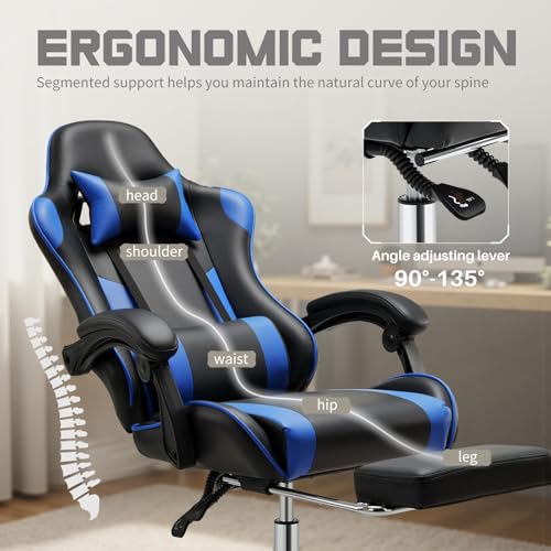 DUMOS Ergonomic Gaming Chair with Footrest, Home Office Desk Chair | PU Leather, Headrest, Linkage Armrests, Height Adjustable, 360 Swivel Reclining, Deep Blue - color: Deep Blue, size: PU Leather 27"D x 25"W x 52"H